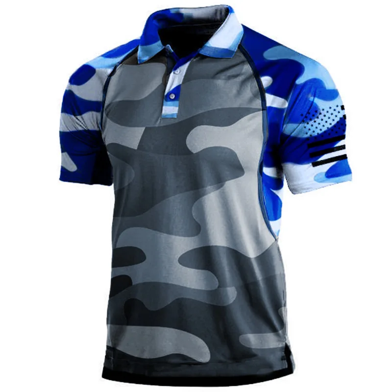 Vintage Men\'s Polo Shirt Camouflage Men\'s Clothing Flag Printed Shirts Summer Short Sleeve Fashion Men\'s Button Down Polo Tops