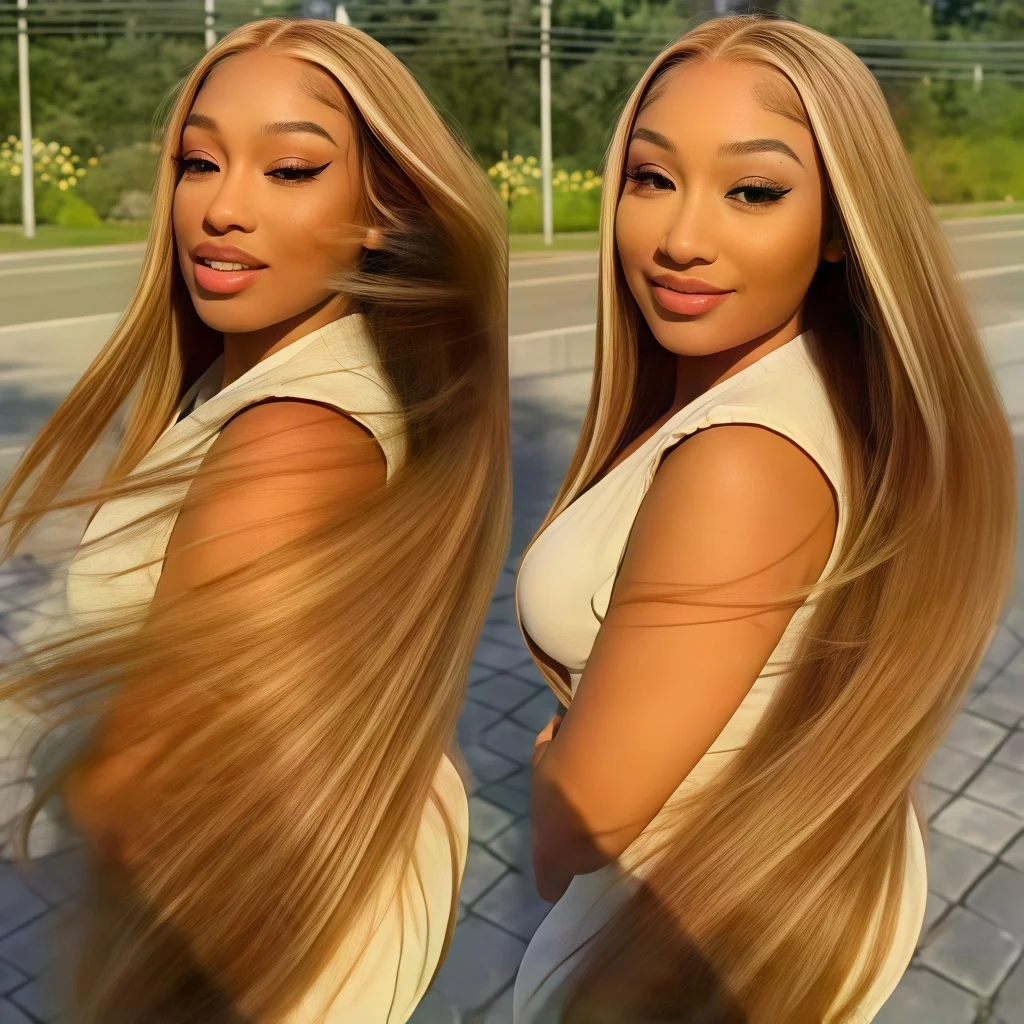 20 24 Inch Straight Human Hair Wigs P4/27 Highlight Blonde Brown Ombre Color 13x4 HD Lace Frontal Closure Wear And Go Lace Front Wigs For Women