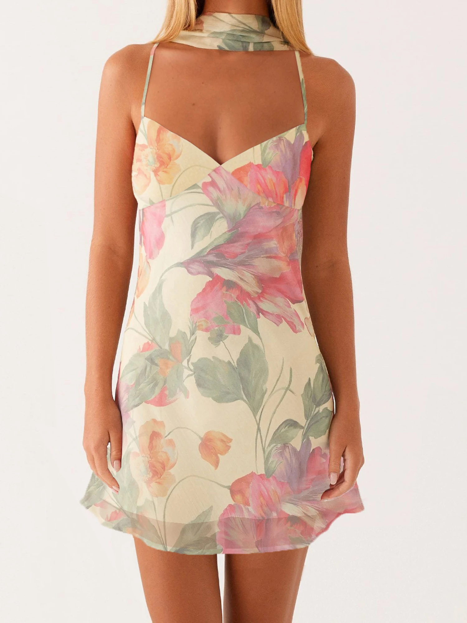 초커 스카프와 등이 없는 디자인의 여성용 민소매 꽃무늬 미니 드레스 - 솔리드 컬러의 여름 캐미 드레스