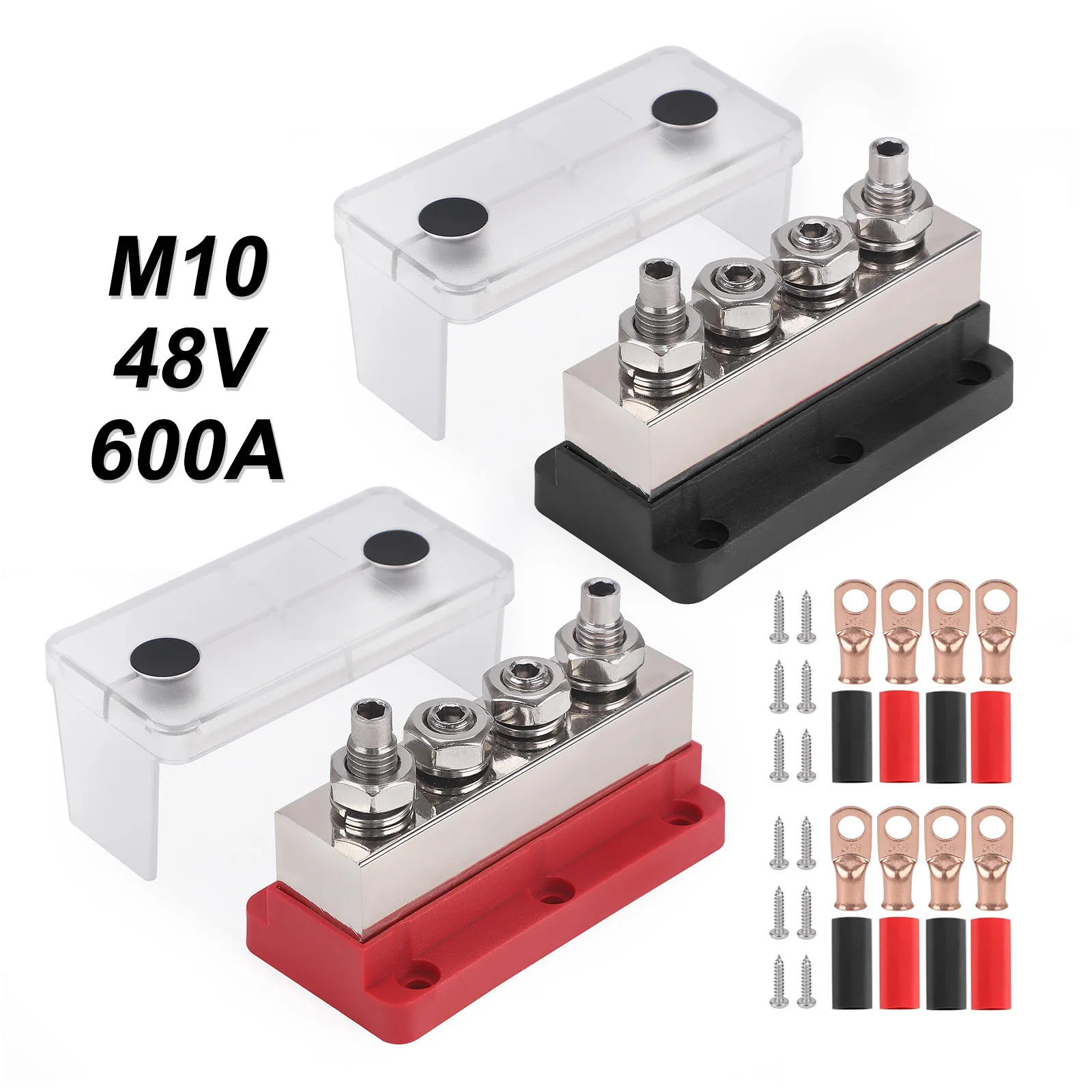 4 Stud M10 3/8 inch 600A Bus Bar Nickel Plated Cu 48V Distribution Block For Marine Battery RV Truck Red Black Color