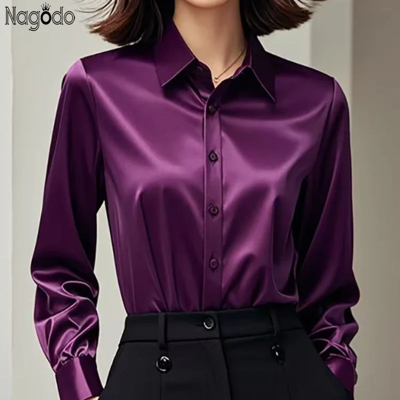 

High Quality Silkly Satin Women's Shirt Office Ladies Long Sleeve Blouses Polo Neck Gold shirt Button Luxury Casual women tops