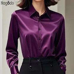 High Quality Silkly Satin Women's Shirt Office Ladies Long Sleeve Blouses Polo Neck Gold shirt Button Luxury Casual women tops