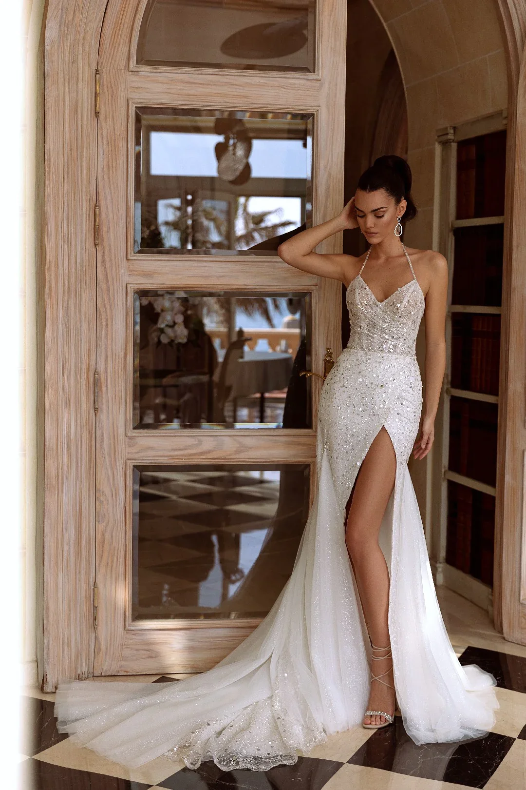 High-end Lace Beaded Dress 2023 Deep V-neck Thin Shoulder Slit Bag Hip Soft Net Loose Skirt Bridal Wedding Dress