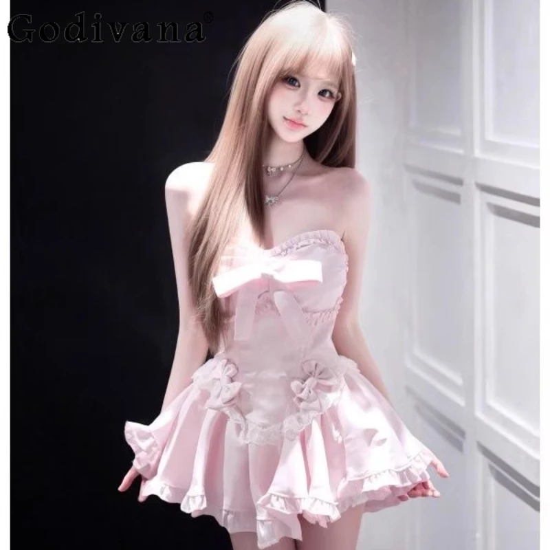 Estate nuovo dolce rosa ragazze vestono puro desiderio design senza spalline abito carino fiocco da donna vita dimagrante abito corto Lolita