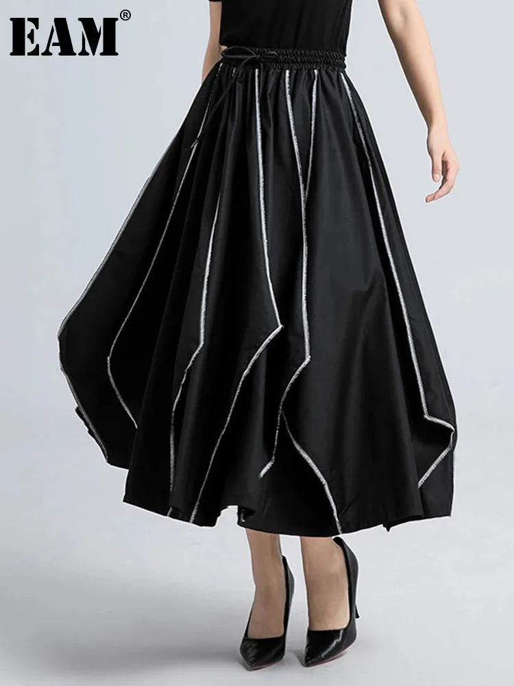 EAM Color-block High Elastic Waist Half-body Large Hem Pleated Skirt Loose Women Fashion Tide New Spring Autumn 2025 31A0981