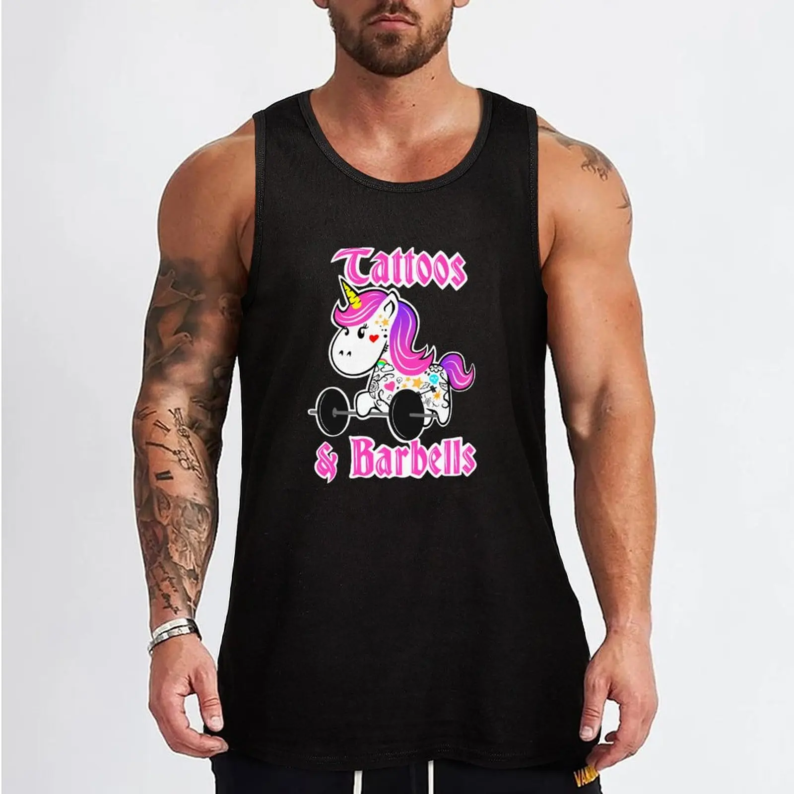 Fitness girl design, barbell unicorn, tattoos and barbells Tank Top Working vest bodybuilding men clothes Clothing