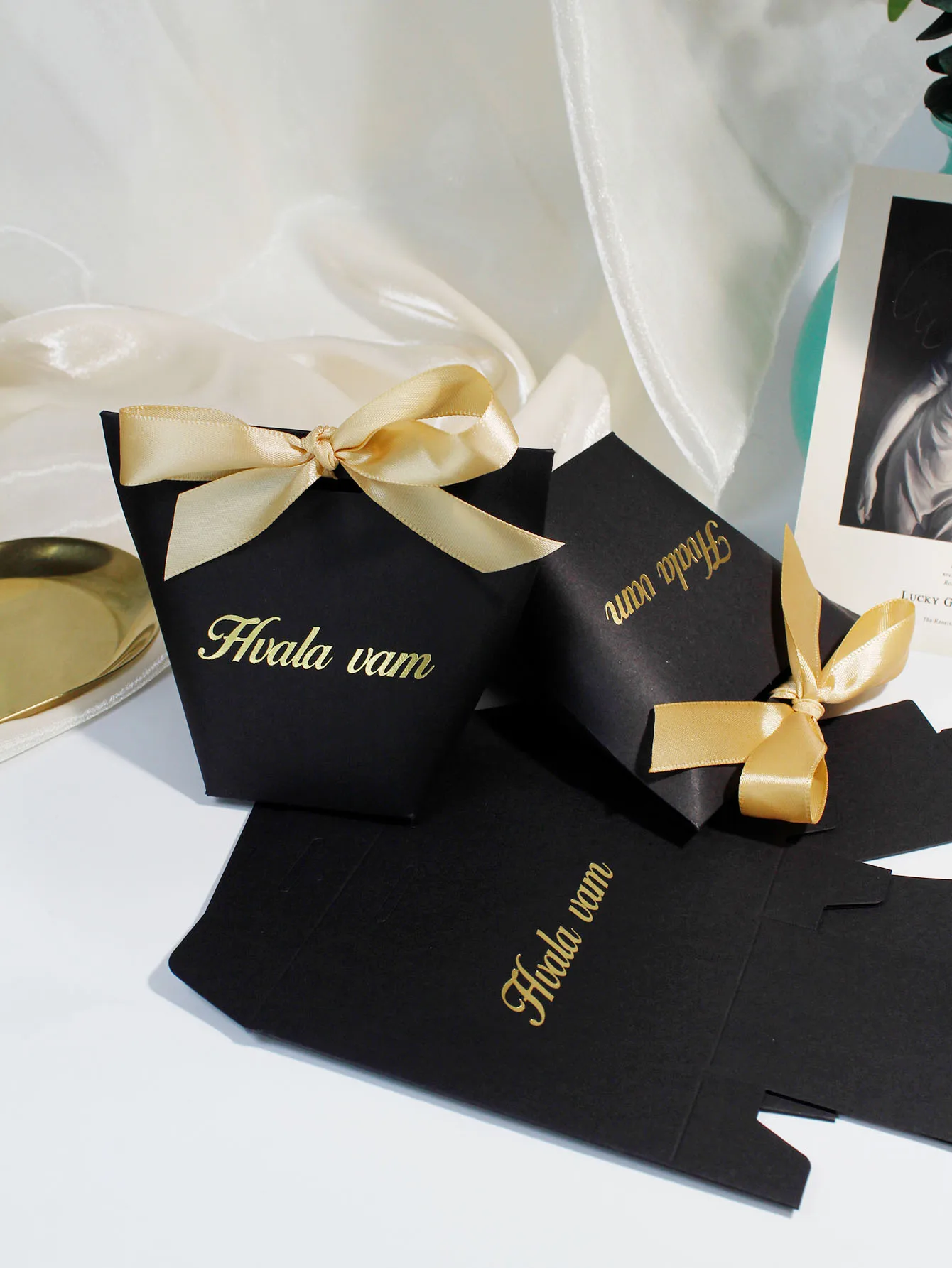 Luxurious Hvala vam Gift Boxes with Gold and Green Satin Ribbons Ideal for Elegant Confectionery Packaging for Special Occasions