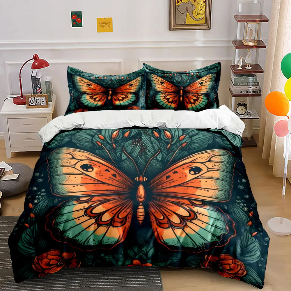 3Pcs Vintage Engraving Butterfly Floral Duvet Cover Set, Dark Green Leaf Boho Bedding Single Double King Queen, Gift