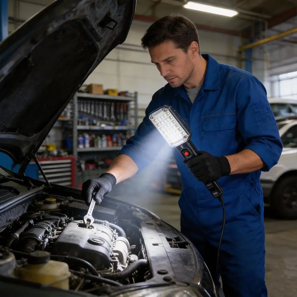 Luz de trabajo LED portátil con imán y cable de alimentación, luz de reparación automotriz para mantenimiento de automóv