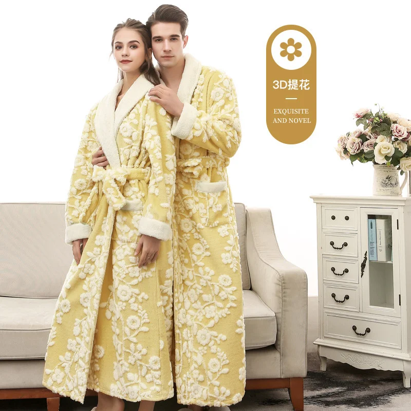 Couple Winter Extra Long Jacquard Warm Flannel Bathrobe Plus Size Coral Fleece Bath Robe Floral Dressing Gown Men Thick Sleepwea