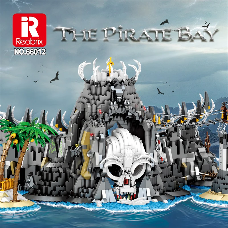 Reobrix – ensemble de blocs de construction d'île de crâne de Pirate Bay, scène de crique au trésor fantastique sombre, décor de modèle de Puzzle avancé pour adultes