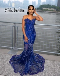 Luxury Blue Prom Dresses 2025 Sweetheart Sequin Beads Mermaid Party Gowns For Black Girls Maxi vestidos de graduación Customized