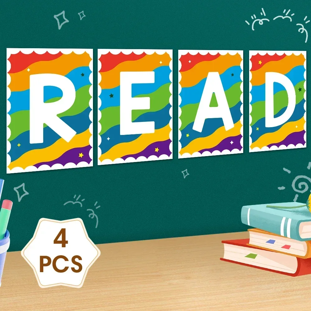 4PCS children's Reading Classroom Decorations Posters Kindergarten School Reading Wall Decora READ Single Letter Reading Poster