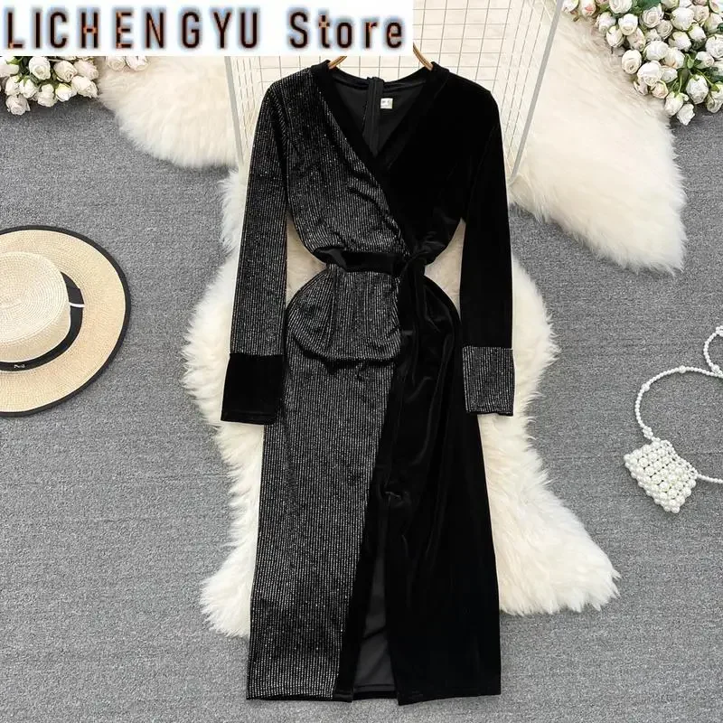 

New Elegant Chic Rhinestone Irregular Split Velvet Contrast Color Long-sleeve High Waist Dress Autumn Winter