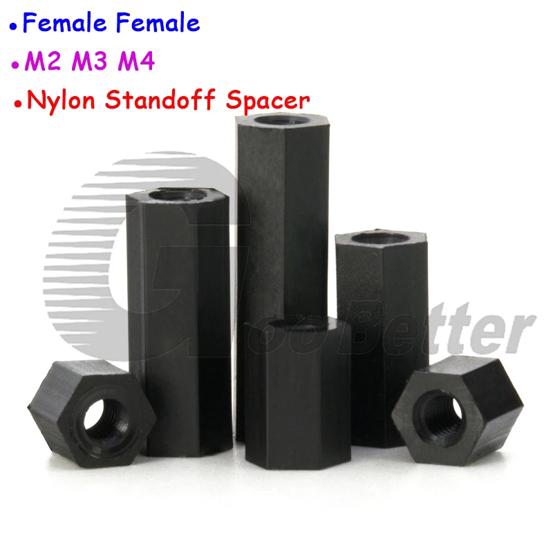 M2 M3 M4 Hex Female Female Nylon Standoff Spacer Column Flat Head Double Pass Plastic Spacing Screws Black