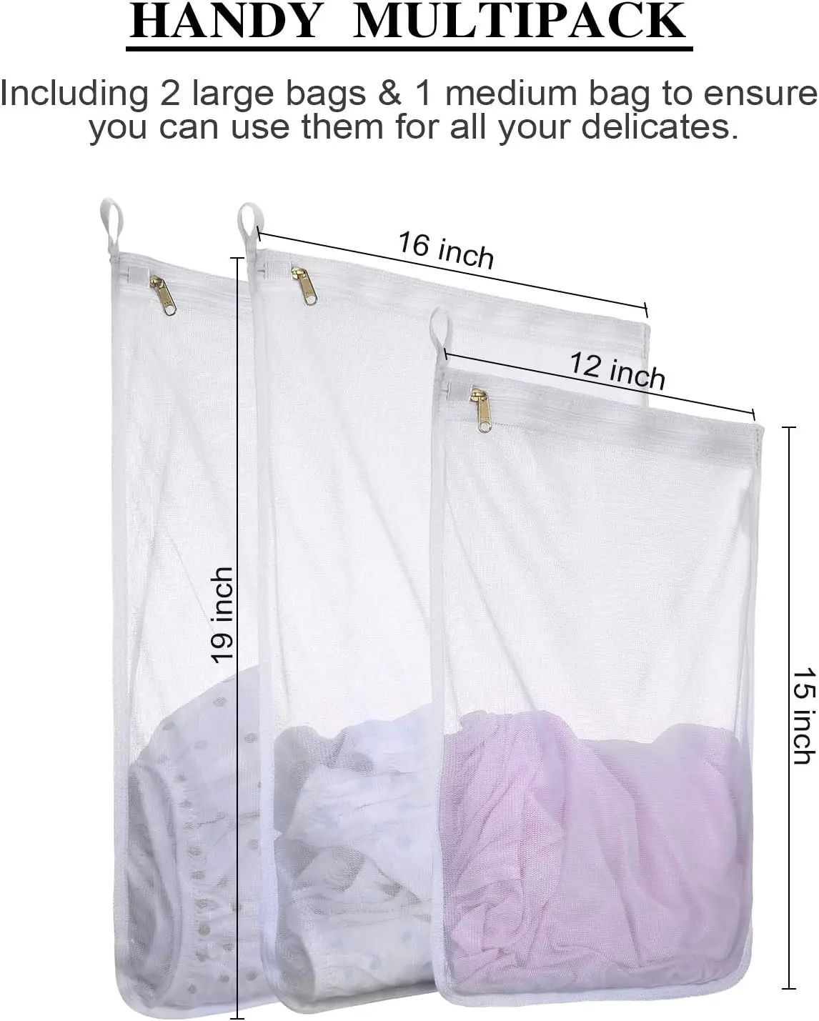 Fine Mesh Laundry Bags for Delicates, 3 Pack (2L+1M) Reusable Wash Bags with Sturdy Zippers, Durable Net Washing Bags for Linger