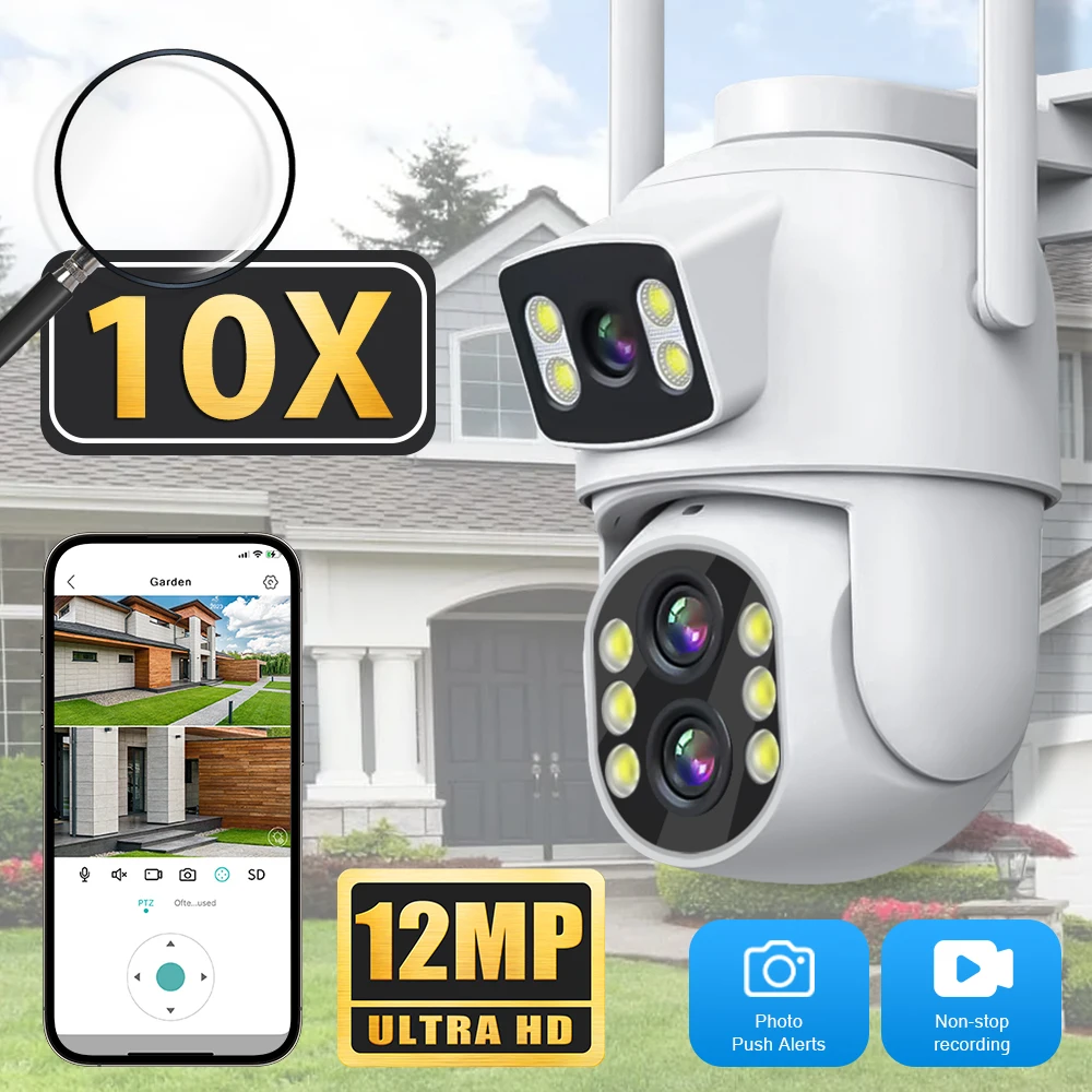 8MP WiFi Camera Outdoor 12MP 10X Zoom Three Lens Dual Screens CCTV Video Cam Auto Tracking Security Protection Surveillance