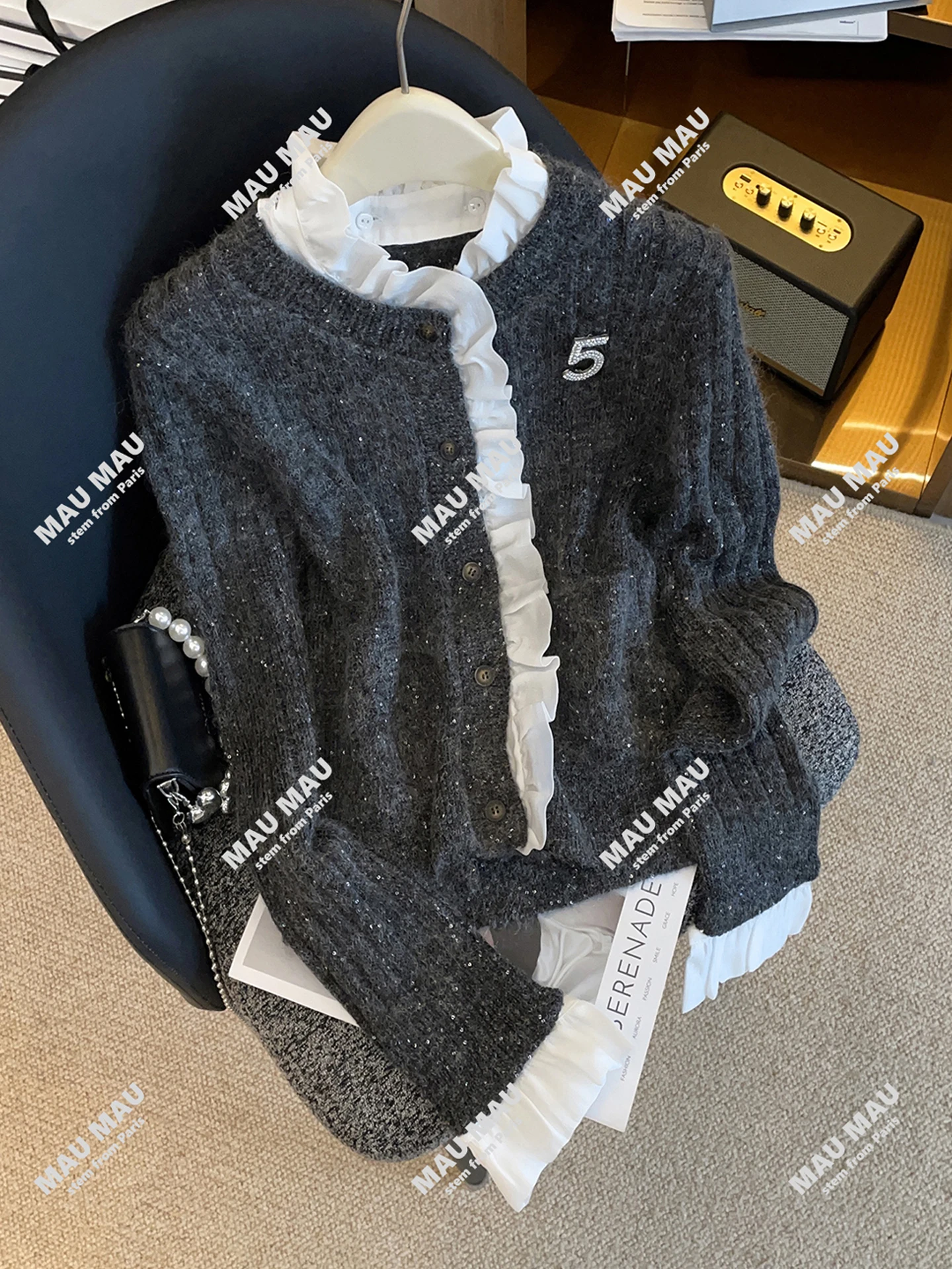 AY 시리즈 우드 에인 시퀸 니트 가디건 탑 하이엔드 여성 패션 남유럽 가을 겨울 출퇴근 스타일 레귤러...