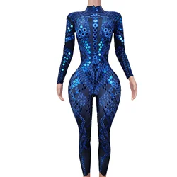 Fashion Blue Long Sleeves Rhinestone Bodycon Romper Festival Outfit Dance Leotard Sexy Party Sequins Women One Piece Jumpsuits
