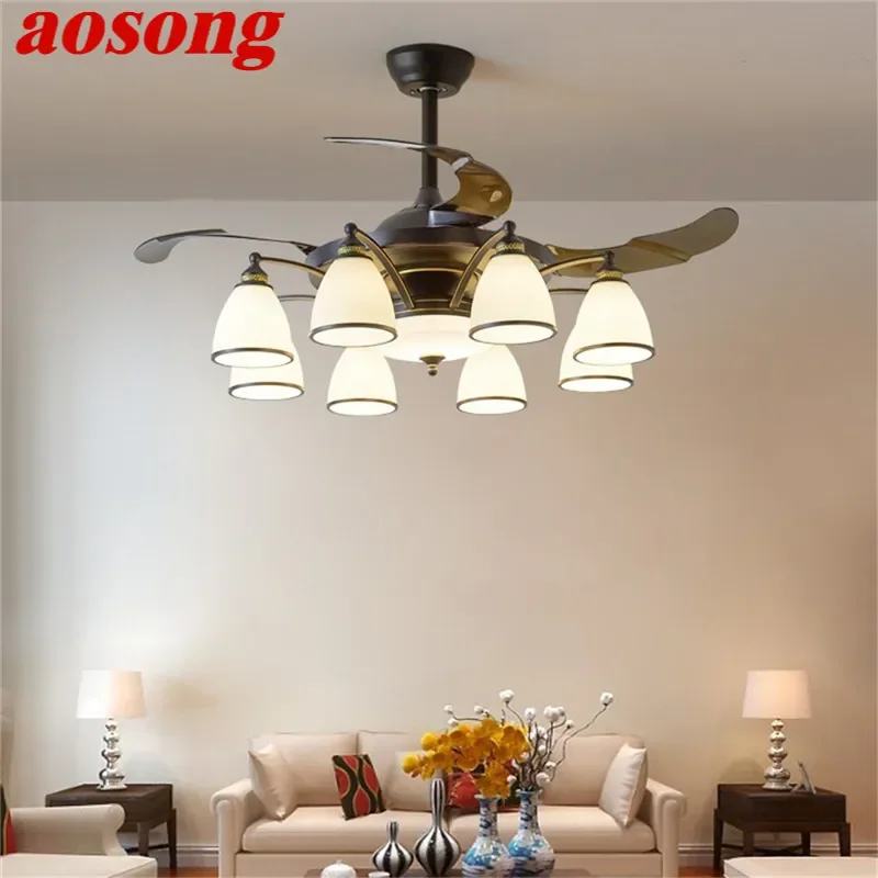 AOSONG Modern Stealth Fan Light Luxury Living Room Restaurant Bedroom Ceiling Fan Light Remote LED Electric Fan Light