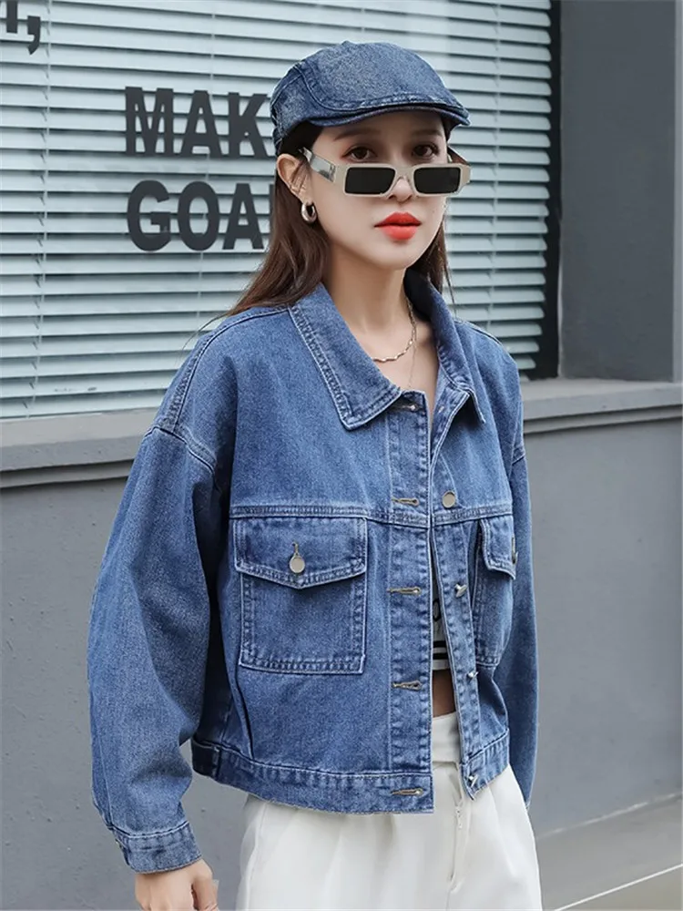 

2024 Spring Autumn Denim Jacket for Women Retro Old High Street Denim Boyfriend Style Coat Casual Single-breasted Cowboy Outwear