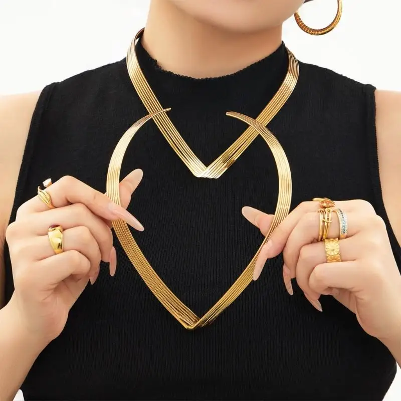 R7UF V Line Chokers Necklace Sturdy Stainless Steel Gold Tone For Layering And Stacking