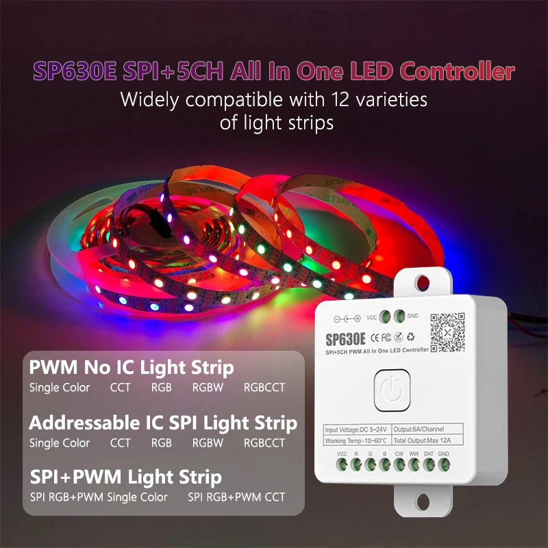 SP630E wszystko w jednym kontroler LED 5CH PWM SPI piksele LED listwa oświetleniowa WS2812B WS2811 SK6812 FCOB 5050 RGB CCT muzyka BT 5V-24V