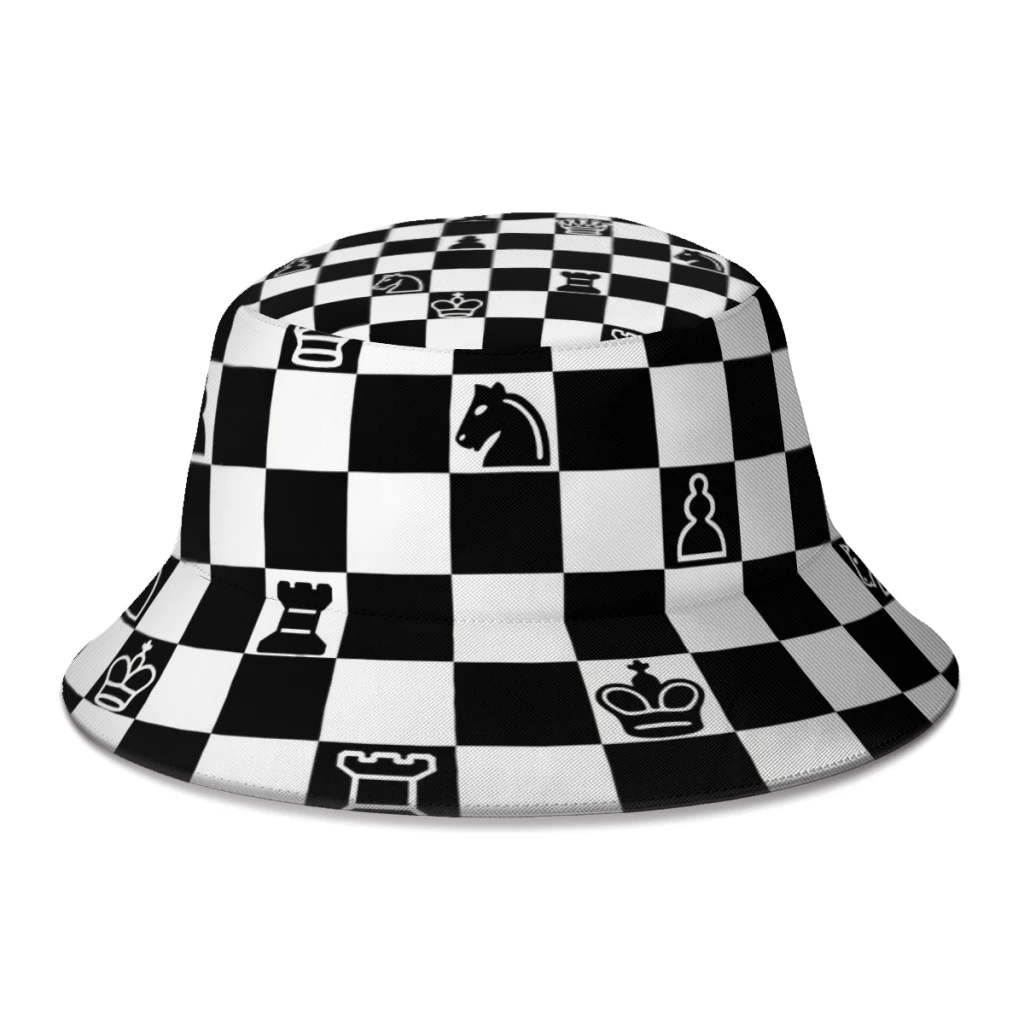 Chess Polyester Bucket Hats Unisex Full Printed Panama Fisherman Cap Outdoor Sun Hat