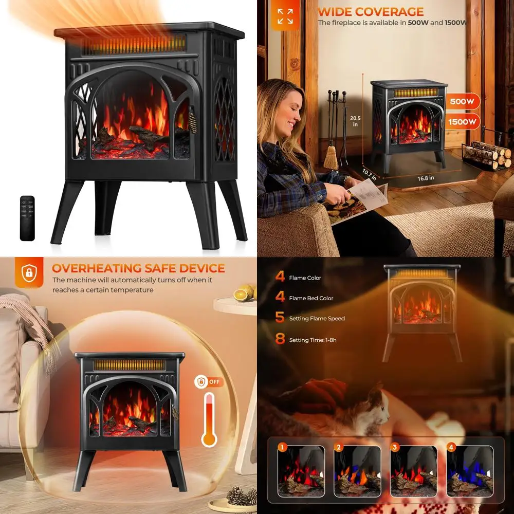 

Electric Fireplace Heater with Remote, 17-inch Cathedral Style, Multiple Flame Effects, Adjustable Log Colors, Stylish and Moder