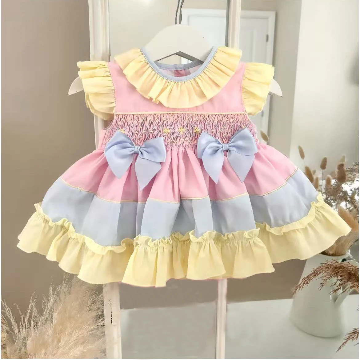 Baby Girl Summer Pink Smocked Yellow Flower Handmade Embroidery Blue Vintage Turkish Princess Dress for Party Photography A77