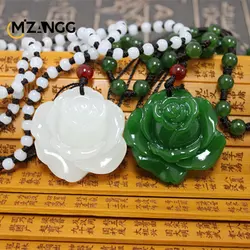Natural Green Chinese Jade Lotus Pendant Hand-carved Rose White Jade Necklace Personality Charm Jewelry Girlfriend Mother Gift