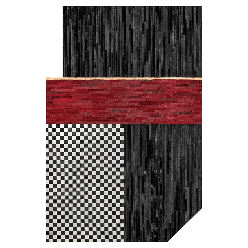 Luxury Cowhide Carpet Red Black White Mosaic Gewen Style  Living Room Bedroom Special-shaped Leather  Room Rug