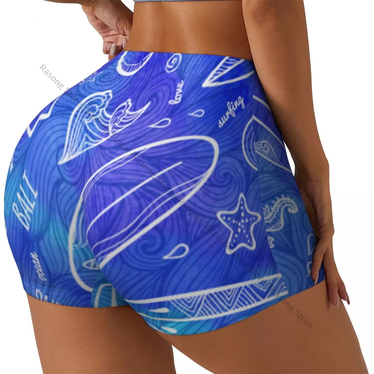 Sexy tight hip sports shorts Blue Watercolor Doodle Surfing Boards Pattern fitness women's comfortable yoga shorts