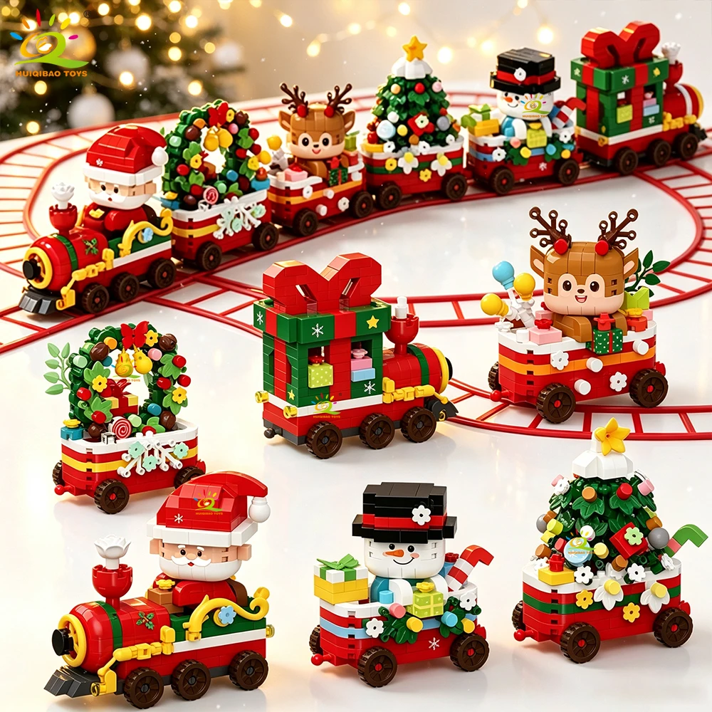 HUIQIBAO Christmas Train Building Blocks Set, DIY Assemble Model with Santa Reindeer Snowman Xmas Tree Home Table Decoration