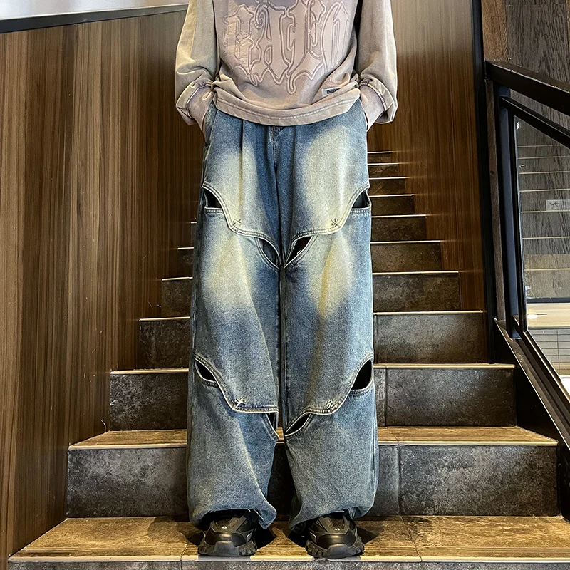 Street Style Tie Dye Design Ripped Denim Jeans Men's Women's Feng Shui Wash Retro High Street Slimming Versatile Pants
