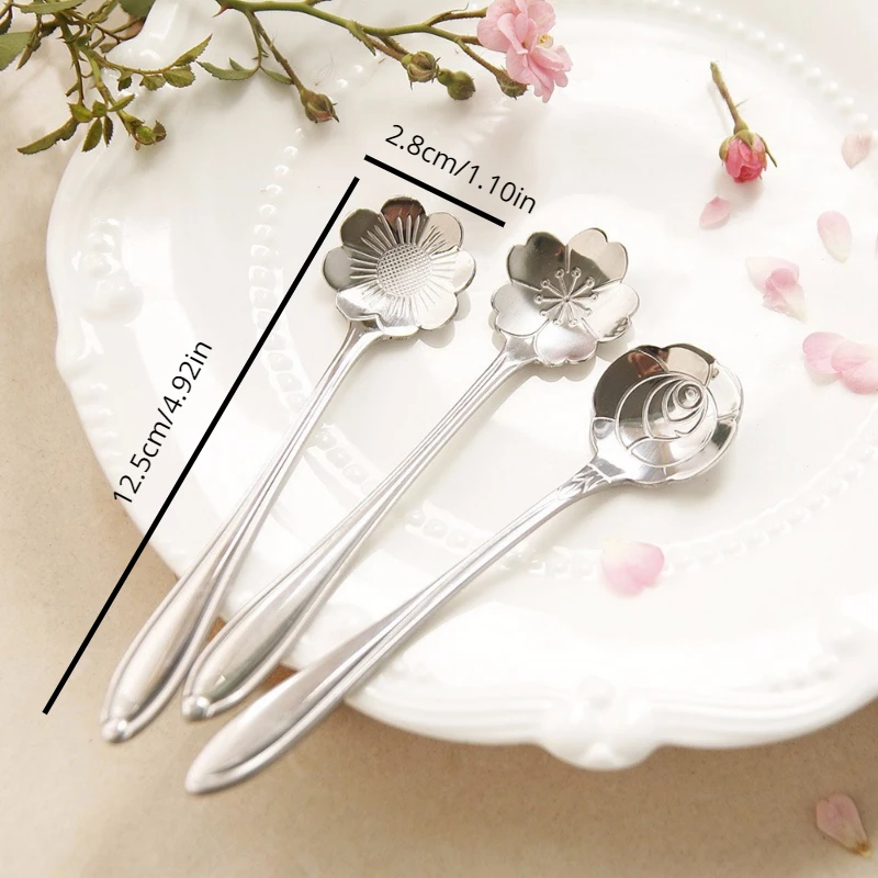 8Pcs/Pack Flower/Cartoon Stainless Steel Tea Coffee Spoon Teaspoons Ice Cream Sugar Flatware Sliver Gold Tableware Kitchen Tools Total 40pcs/Lot