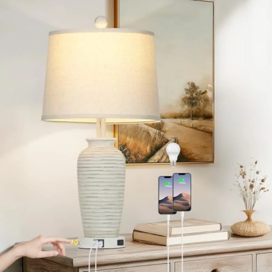 

25" Farmhouse Jar Table Lamps for Living Room, 3 Way Touch Control Rustic Bedside Lamps with USB A+C Ports and AC Outlet, Pot N