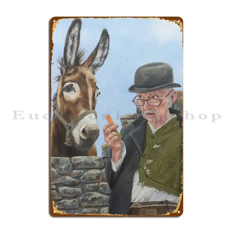 Old Man Sharing Carrot With Donkey Metal Plaque Poster Wall Decor Designer Painting Designing Garage Tin Sign Poster