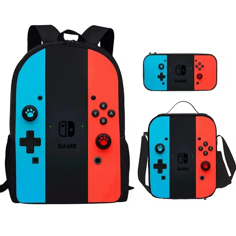 Three Sets Game Console Pattern DIY Backpack Lunch Bag Pencil Case Shoulder Bag for Primary and Secondary School Students