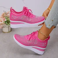 Women's Sneakers Shiny Rhinestone Wedge  Breathable Knit Non Slip Walking Shoes Woman Plus Size Fashion Thick Sole White Sneaker - Image 3
