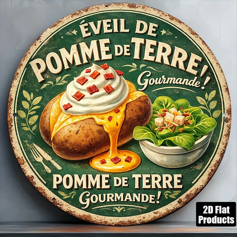 2D Round Aluminum Sign 8x8in French Potato Food Vintage Kitchen Decor Gift
