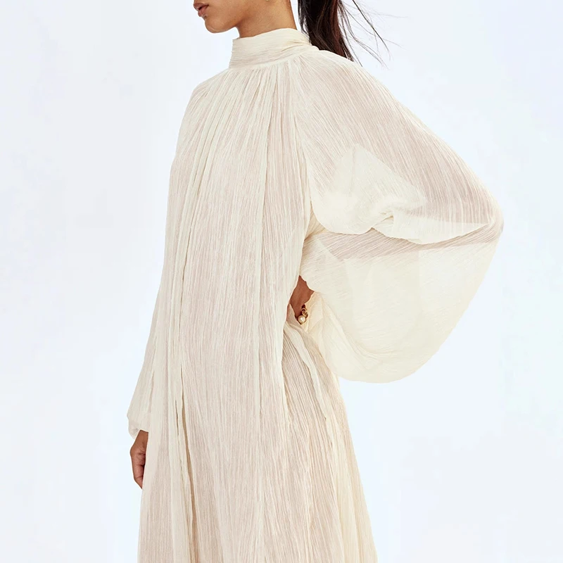 Ladies O-neck Long Sleeved Pleated Holiday Dress New 2026 Spring Summer Loose Long Dress Elegant Lantern Sleeve Lace Up Dresses