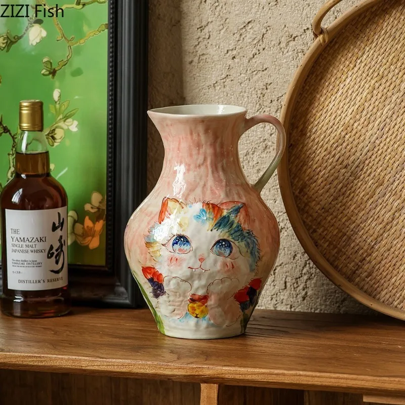 Pot Shaped Ceramic Vase Ornament Cat Pattern Decorative Vases Flower Arrangement Hydroponic Vase Decoration Dried Flower Vases