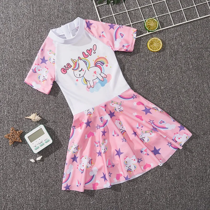 2025 New Summer Unicorn Kids Swimwear Short sleeve Girls Dress Princess Baby Small Medium Large Children Swimwear Cute 2-10Y