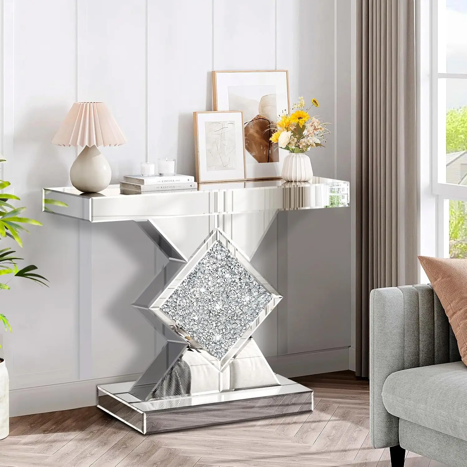 Silver Mirrored Console Table with Crushed Diamond Inlay 32