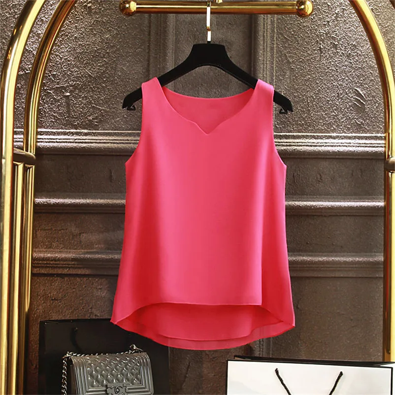 New Women Chiffon Vest Tops Sleeveless V-Neck Ladies Top Oversized Tank Tops White Black Rose Green