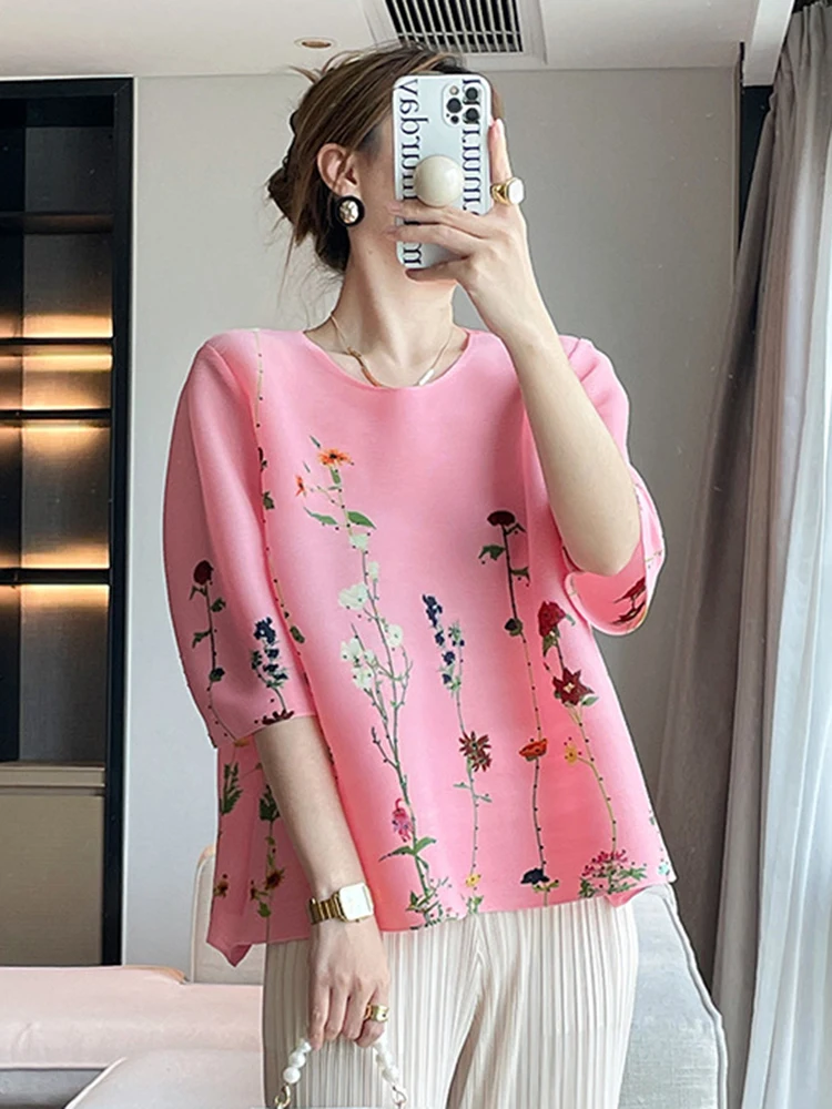 LANMREM Print Pleated T-shirt For Women O-neck Lantern Sleeves Loose Tops Fashion 2024 Female Summer New Clothing 2Z1708