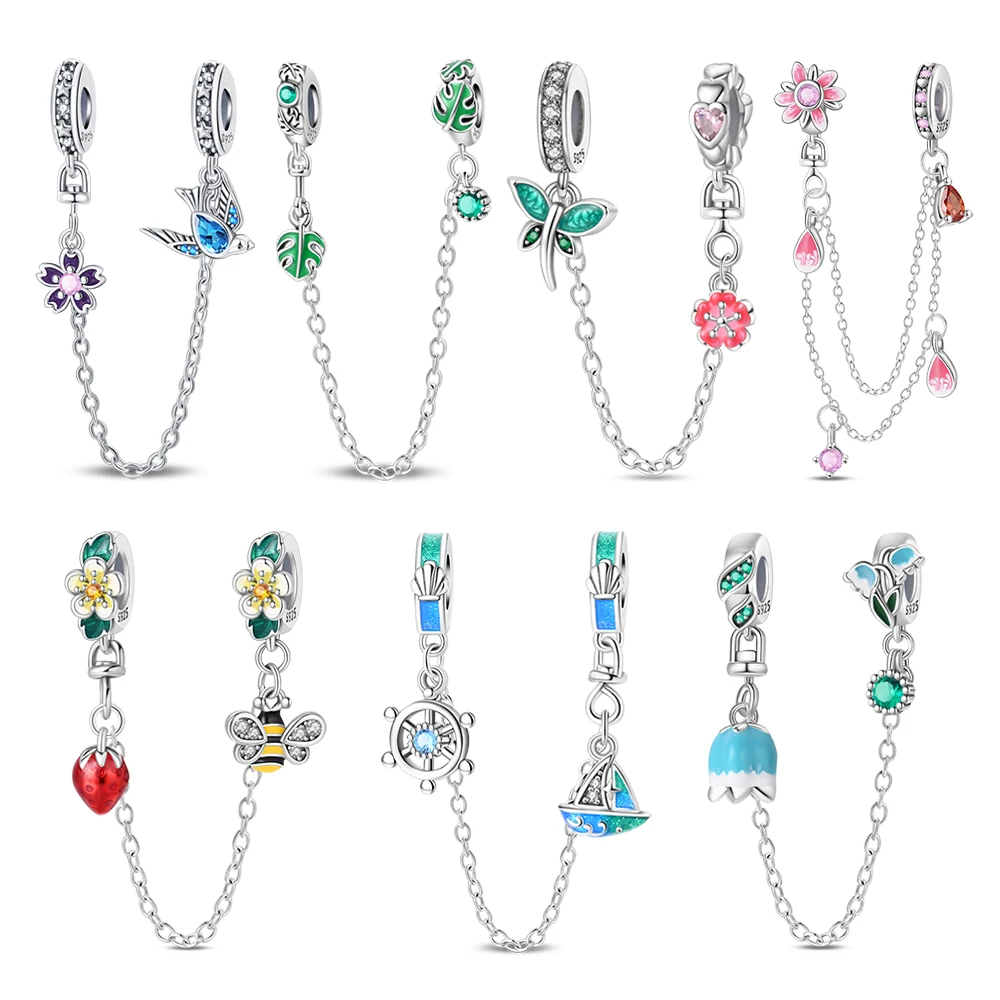 Exquisite 925 Sterling Silver Sailing Boat Rudder Swallow Lily Security Chain Fit DIY Bracelet Necklace Protective Accessories