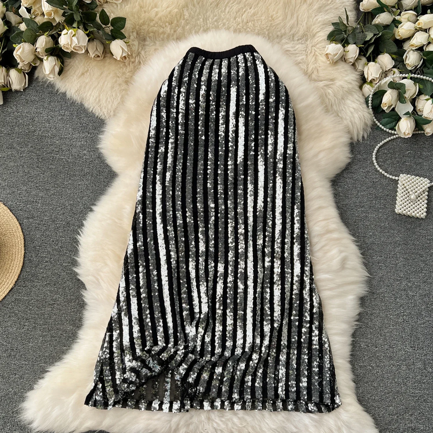 Women Chic Sequin Stripes Sexy Elastic Waist Elastic High Waist Korean Fashion Vintage Skirt  Autumn Clothing