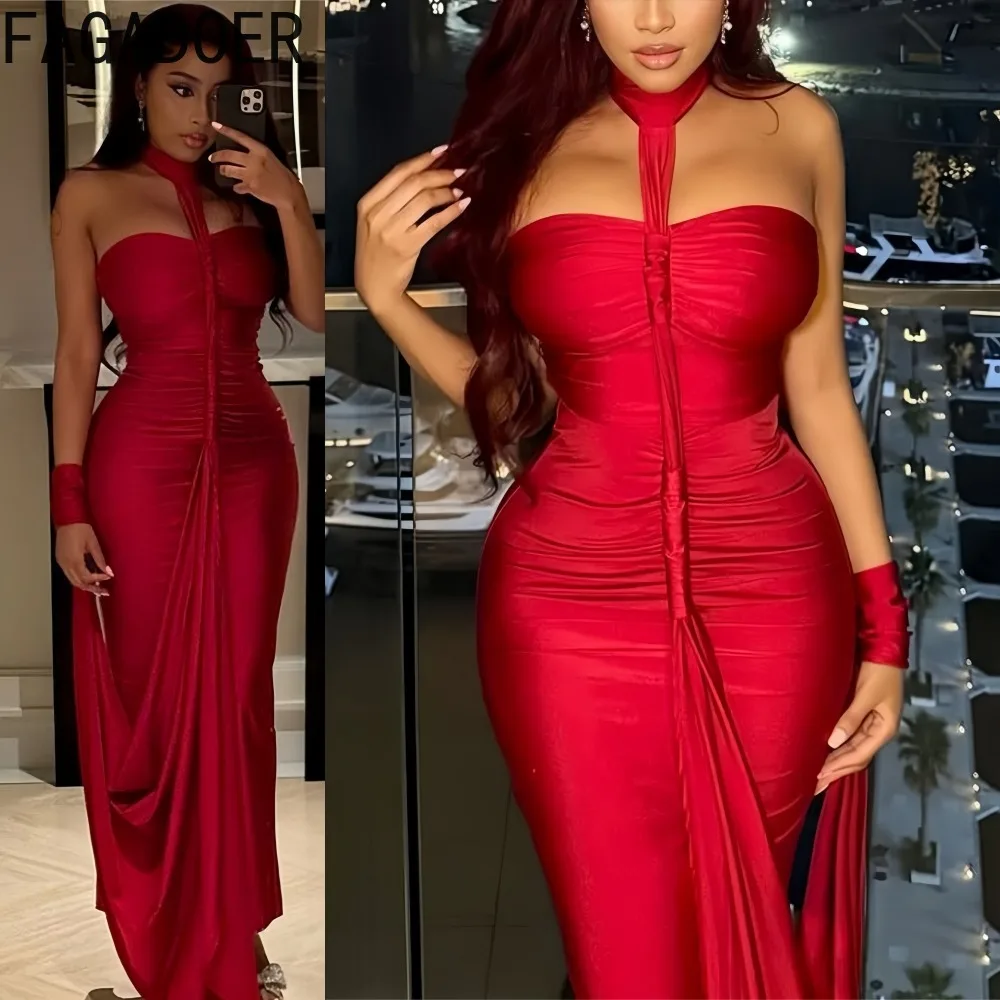 

FAGADOER Elegant Ruched Patchwork Bodycon Dresses Woman Halter Backless Skinny Hand Strap Hem Vacation Birthday Party Vestidos